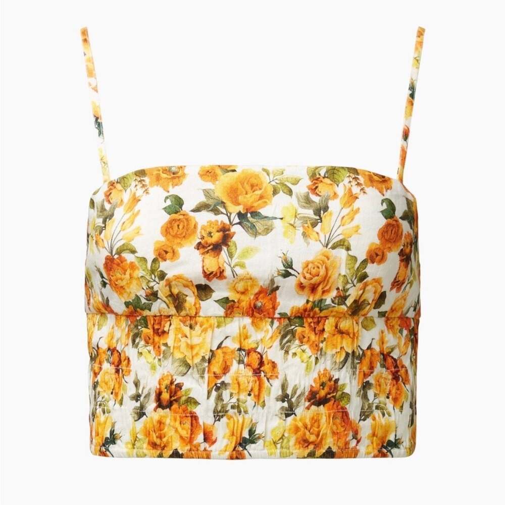 Onia Women's Yellow Orange Floral Print Linen Blend Crop Top Bustier M